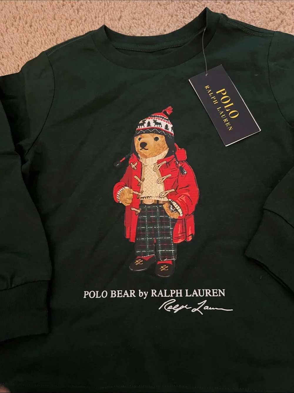 Ralph Lauren Dark Green Polo Bear Graphic Long-Sleeve Tee for children!